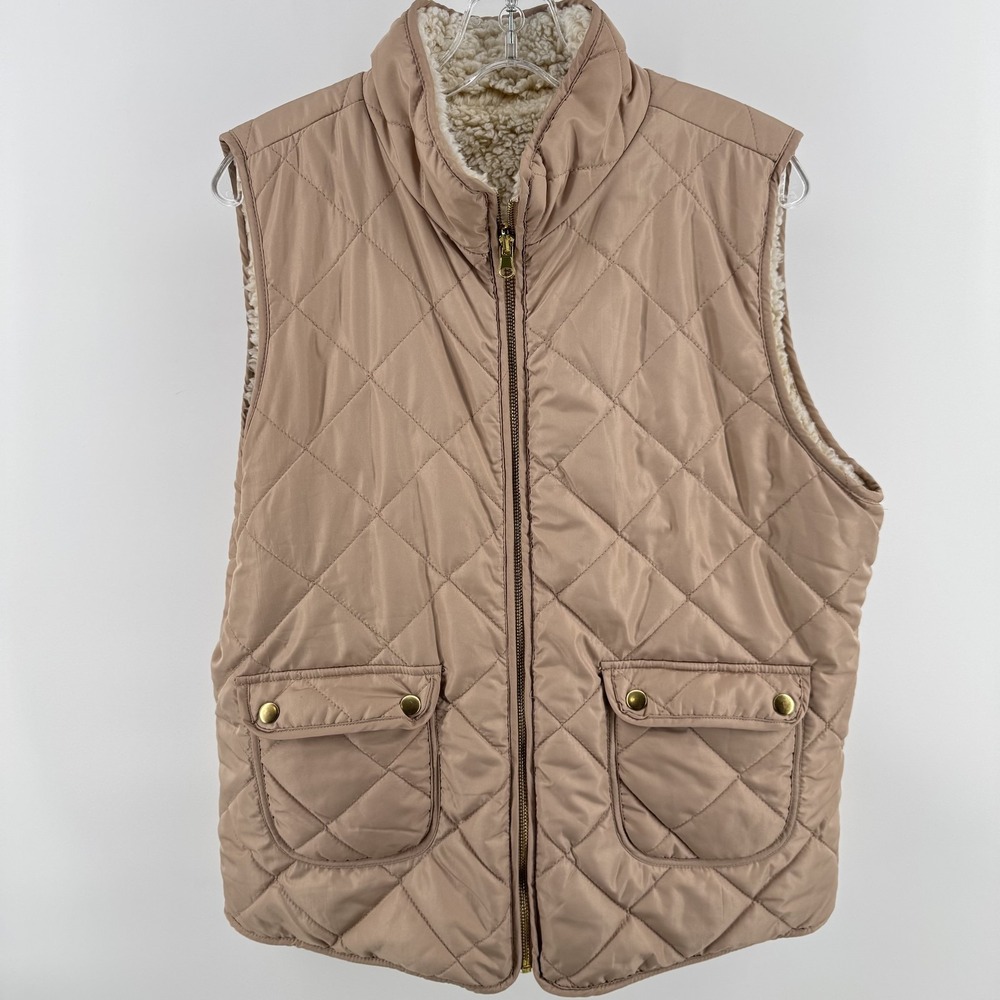 Pink Lily Vest Womens XL Beige Quilted Reversible Faux Fur Puffer Zip Pockets